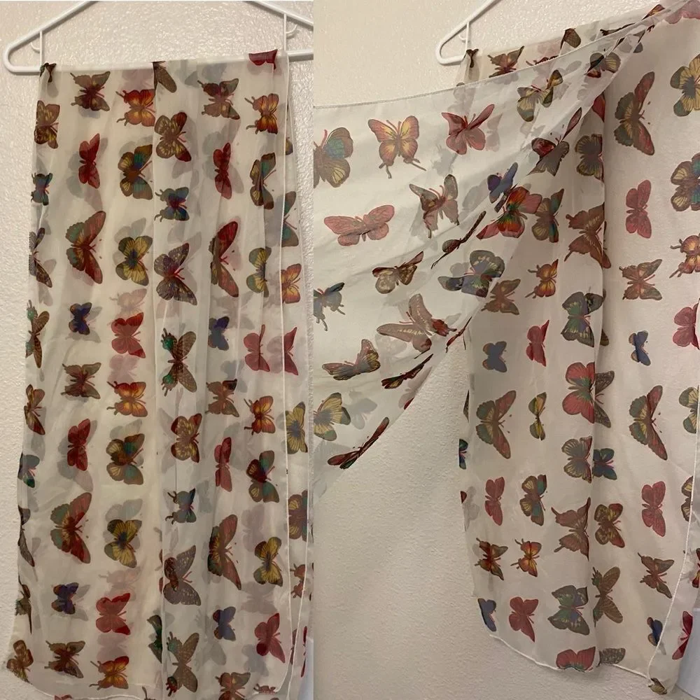 semi sheer silky colorful butterfly Mariposa lightweight scarf print 21x66